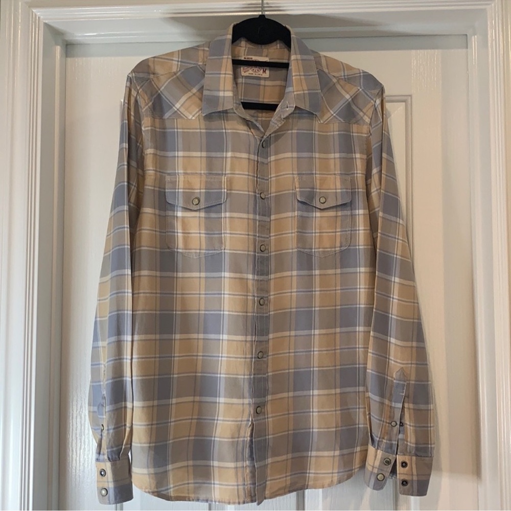 Lucky Brand California Fit Gray and Tan Plaid Snap-up Long Sleeve Shirt M
